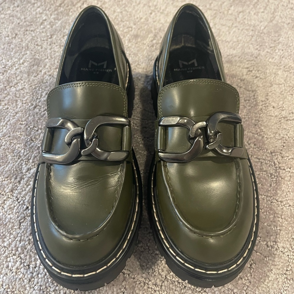 Marc Fisher Trisca Loafers, Olive Green, Leather, Metal Accent, Lug Sole, Sz. 6M - Picture 2 of 15